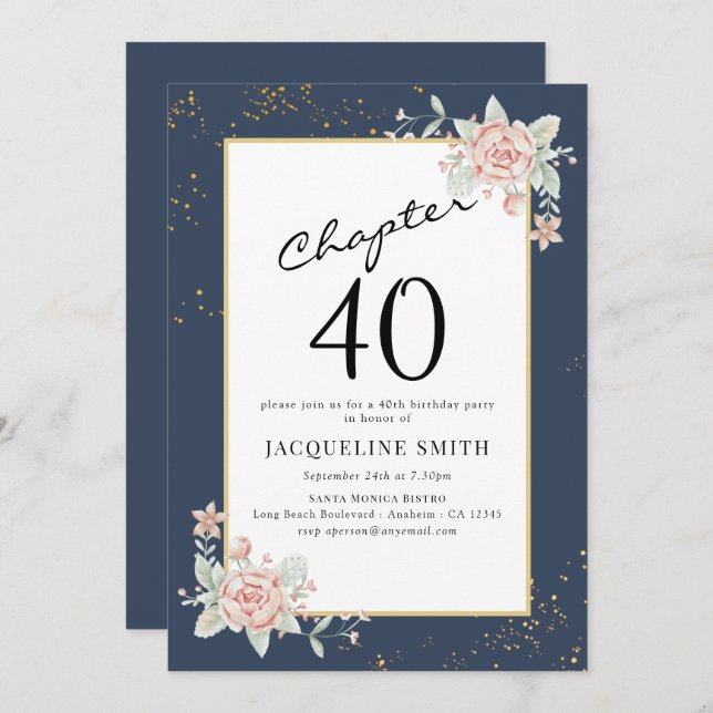 Elegant Floral 40th birthday Invitation (Front/Back)
