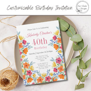 Elegant Floral 40th Birthday Invitation