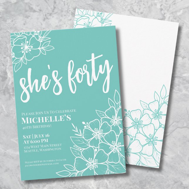 Elegant Floral 40th Birthday Party Invitation (Floral Forty Teal Blue 40th Birthday Party Invitation )