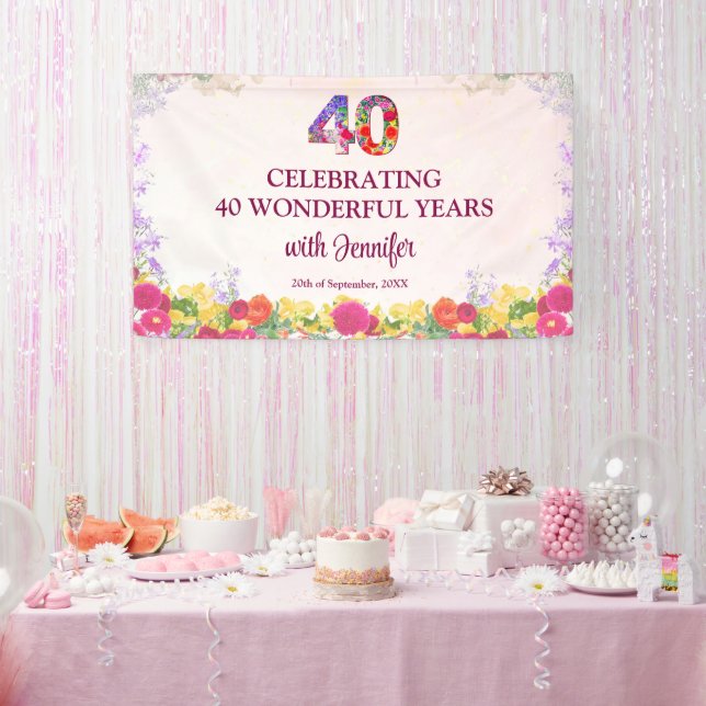 Elegant Floral 40th Birthday Party / Pastel 40 Banner (Party)