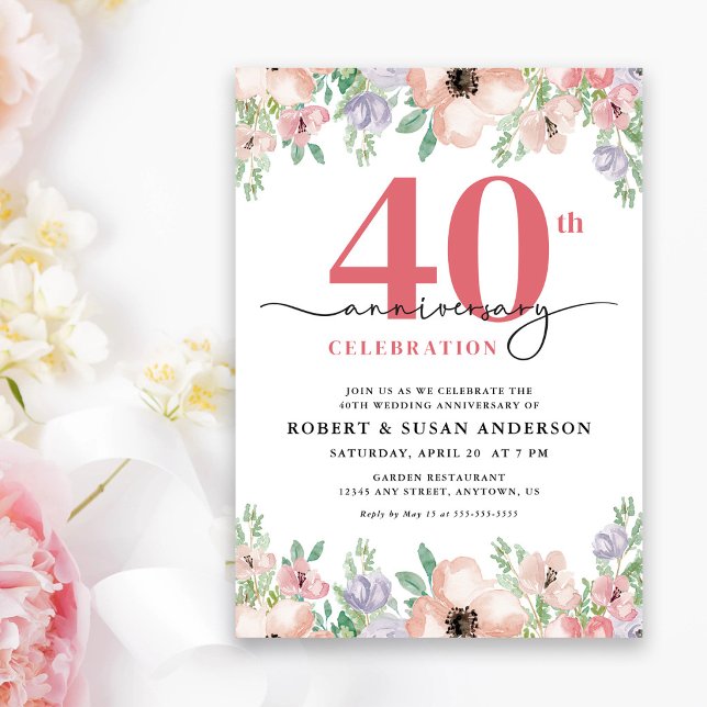 Elegant Floral 40th Wedding Anniversary Invitation (Creator Uploaded)