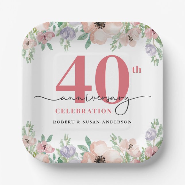 Elegant Floral 40th Wedding Anniversary Paper Plate (Front)