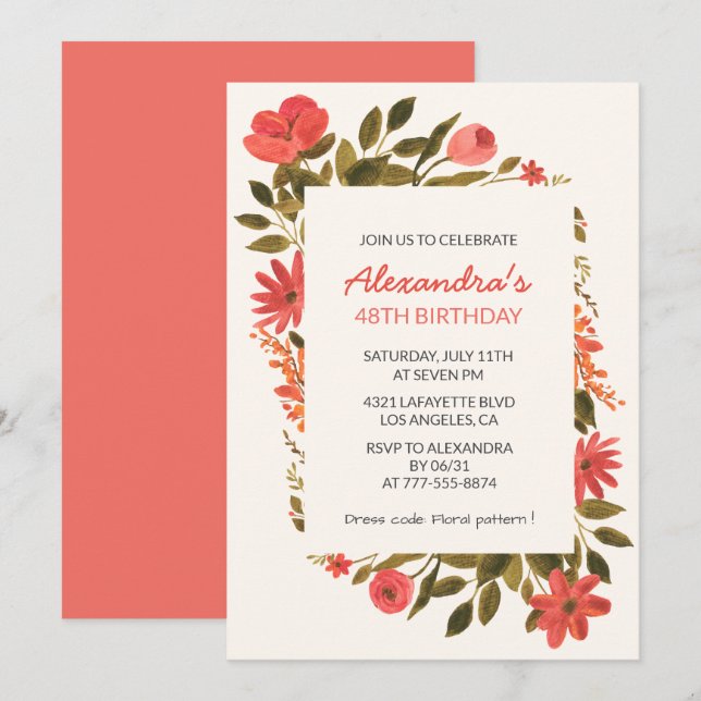 Elegant Floral 48th birthday invitations Boho  (Front/Back)