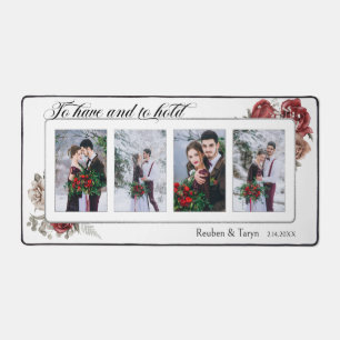 Elegant Floral 4-Photo Wedding Typography Desk Mat