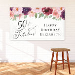 Elegant Floral 50th Birthday Party Banner<br><div class="desc">Elegant banner and welcome sign for her 50th birthday party featuring "50 & Fabulous" in a stylish script and watercolor bouquets of burgundy red,  blush pink and purple florals with light sage greenery. Easily personalise with her name.</div>