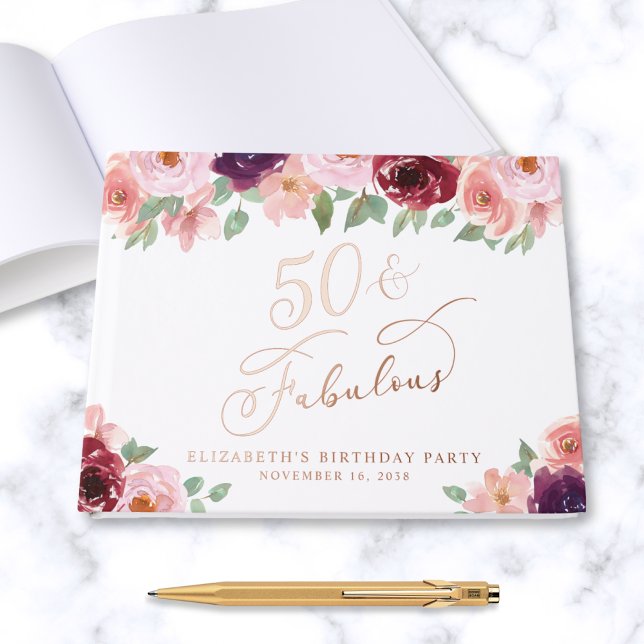 Elegant Floral 50th Birthday Party Rose Gold Guest Book (Creator Uploaded)