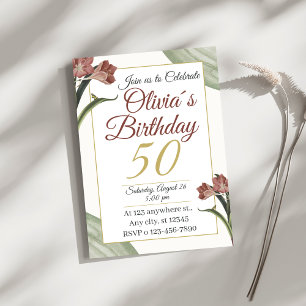Elegant Floral 50th – Gold and Blush Flower Invitation