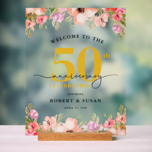 Elegant Floral 50th Wedding Anniversary Welcome Acrylic Sign
