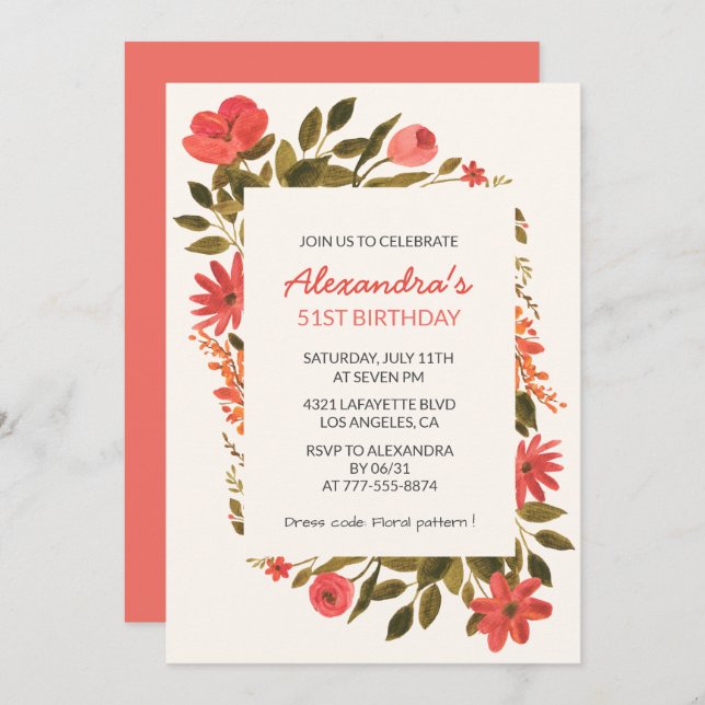 Elegant Floral 51st birthday invitations Boho  (Front/Back)