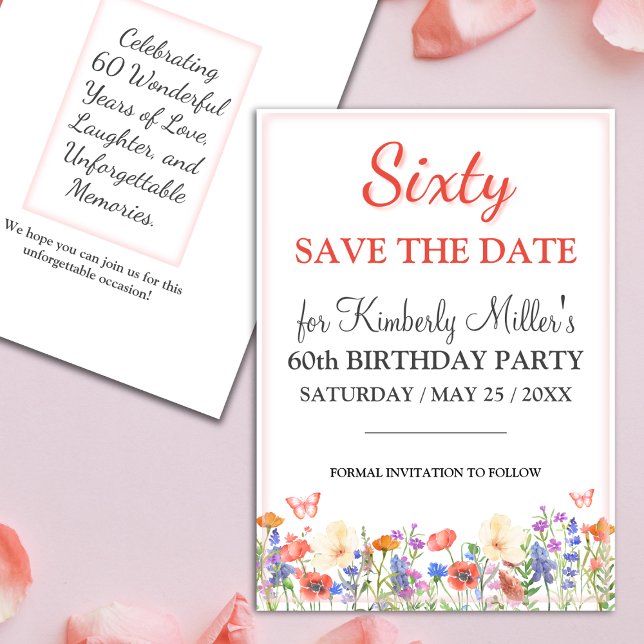 Elegant floral 60th birthday card 60 Save the date (Creator Uploaded)