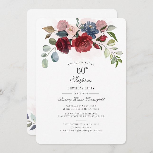 Elegant Floral 60th Birthday Invitation (Front/Back)