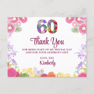 Elegant Floral 60th Birthday Party / 60 Thank You Postcard