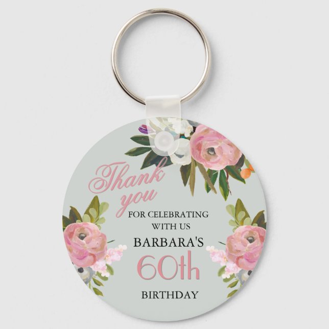 Elegant Floral 60th Birthday Party Favor Key Ring (Front)