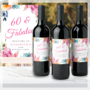 Elegant Floral 60th Birthday Party Wine Label