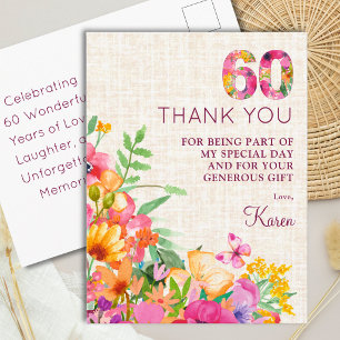 Elegant Floral 60th Birthday Thank You Postcard
