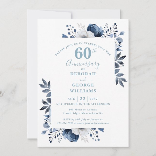 Elegant Floral 60th Diamond Wedding Anniversary  Invitation (Front)