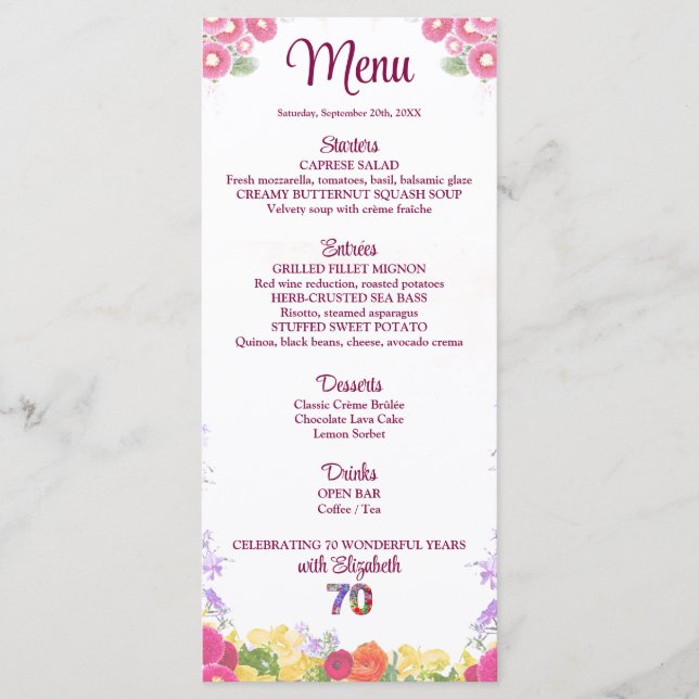 Elegant Floral 70th Birthday Party / 70 Years Menu (Front)