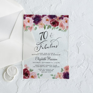 Elegant Floral 70th Birthday Party Acrylic Invitations
