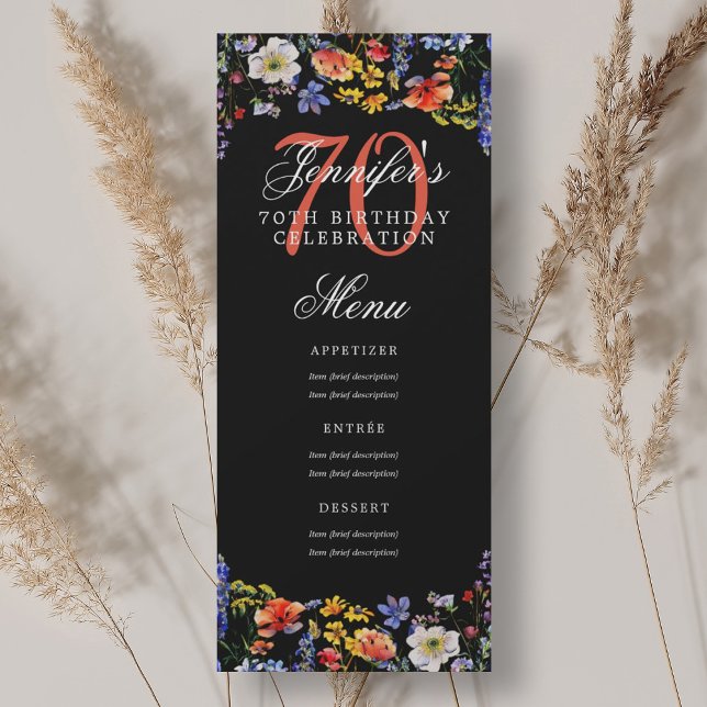 Elegant Floral 70th Birthday Party Menu Black Invitation (Elegant Floral 70th Birthday Party Menu Black Invitation)
