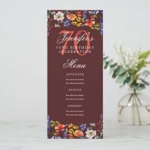 Elegant Floral 70th Birthday Party Menu Burgundy Invitation