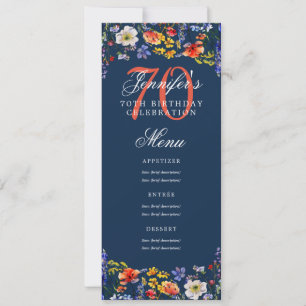 Elegant Floral 70th Birthday Party Menu Navy  Invitation