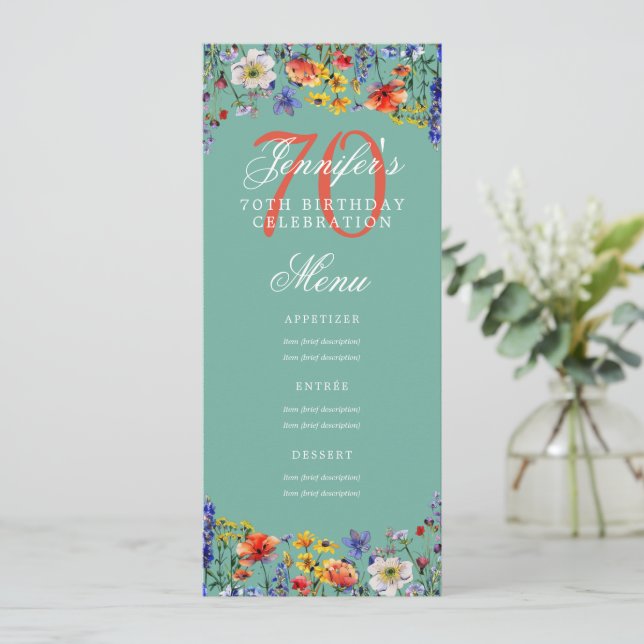 Elegant Floral 70th Birthday Party Menu Teal  Invitation (Standing Front)