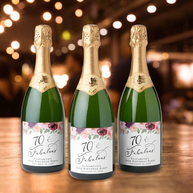 Elegant Floral 70th Birthday Party Sparkling Wine Label (Creator Uploaded)