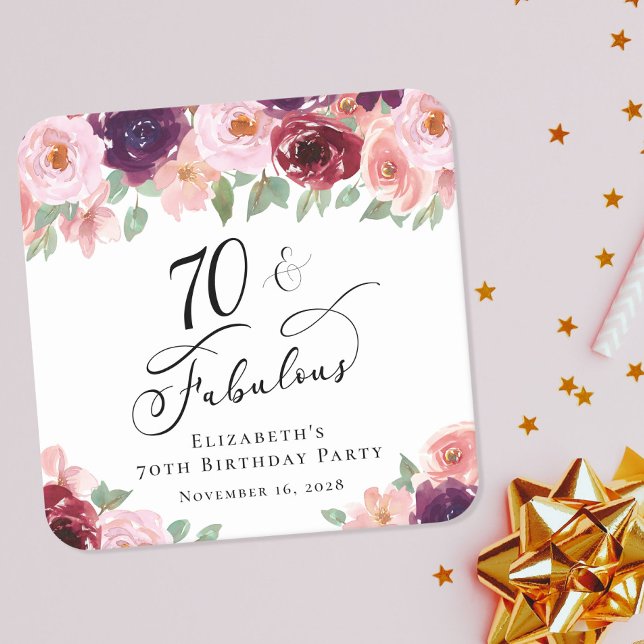 Elegant Floral 70th Birthday Party Square Paper Coaster (Creator Uploaded)