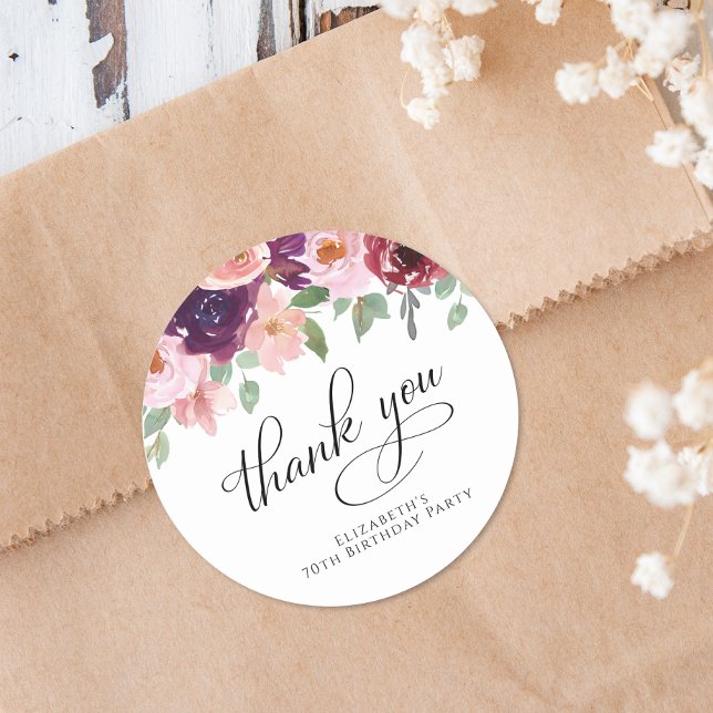 Elegant Floral 70th Birthday Party Thank You Classic Round Sticker (Creator Uploaded)
