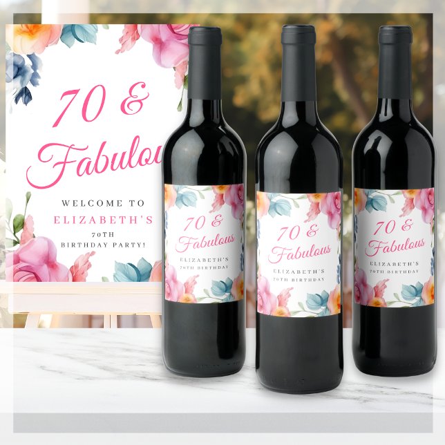 Elegant Floral 70th Birthday Party  Wine Label (Creator Uploaded)