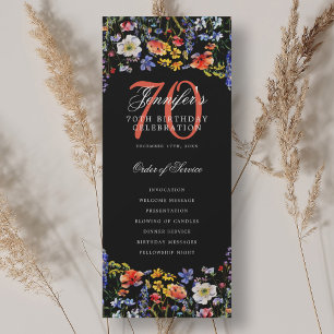 Elegant Floral 70th Birthday Program Black Invitation