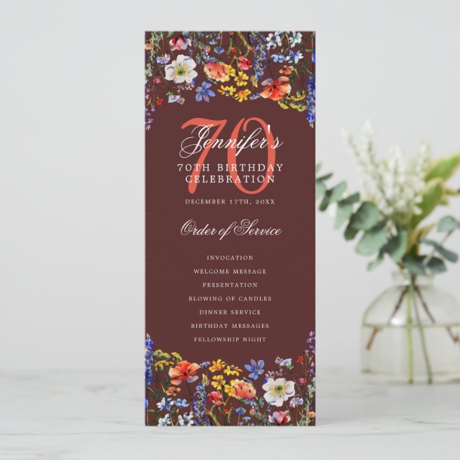 Elegant Floral 70th Birthday Program Burgundy  Invitation (Standing Front)
