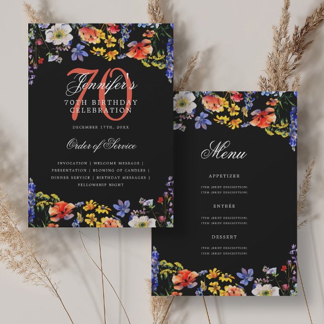 Elegant Floral 70th Birthday Program Menu Black Invitation (Elegant Floral 70th Birthday Program Menu Black)