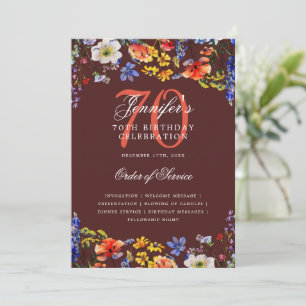 Elegant Floral 70th Birthday Program Menu Burgundy Invitation