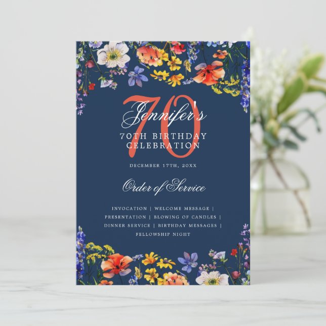 Elegant Floral 70th Birthday Program Menu Navy  Invitation (Standing Front)