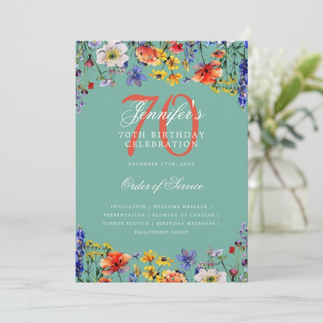 Elegant Floral 70th Birthday Program Menu Teal  Invitation (Standing Front)