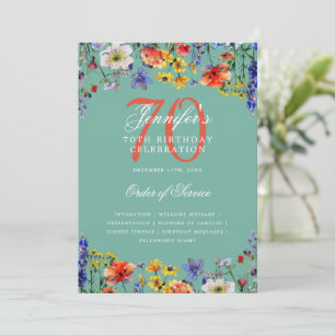 Elegant Floral 70th Birthday Program Menu Teal Invitation