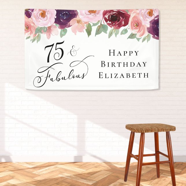 Elegant Floral 75th Birthday Party Banner (Creator Uploaded)