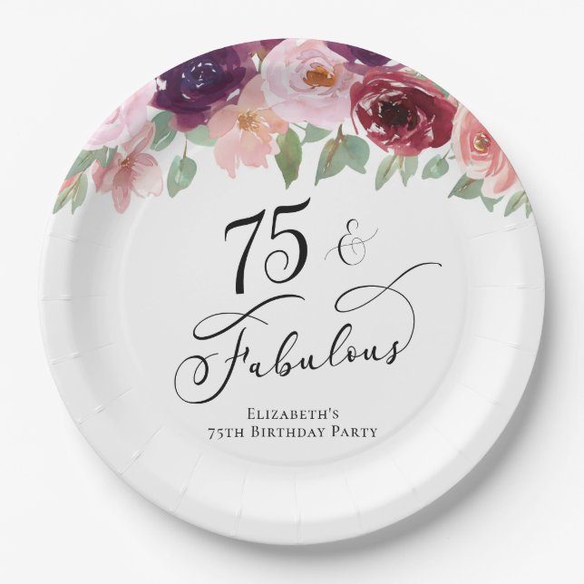 Elegant Floral 75th Birthday Party Paper Plate (Front)