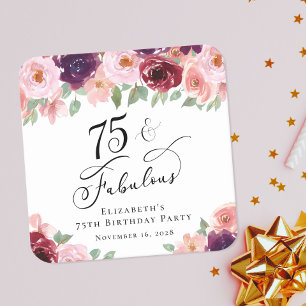 Elegant Floral 75th Birthday Party Square Paper Coaster
