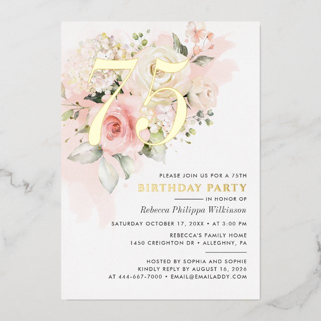Elegant Floral 75th Watercolor Birthday Party Gold (Front)