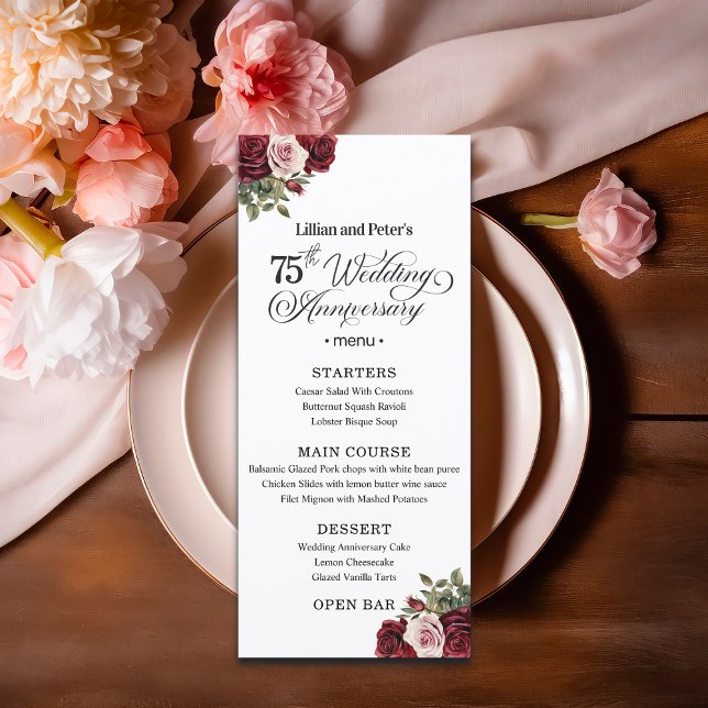 Elegant Floral 75th Wedding Anniversary Menu (Creator Uploaded)