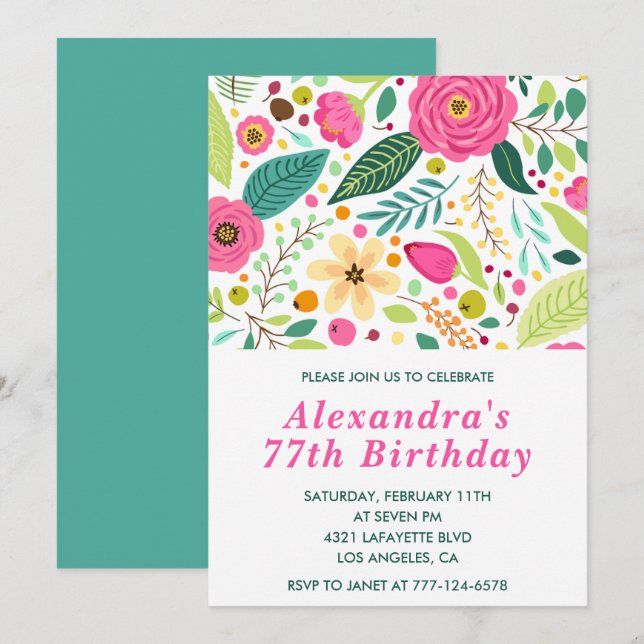 Elegant Floral 77th birthday invitations Colourful (Front/Back)