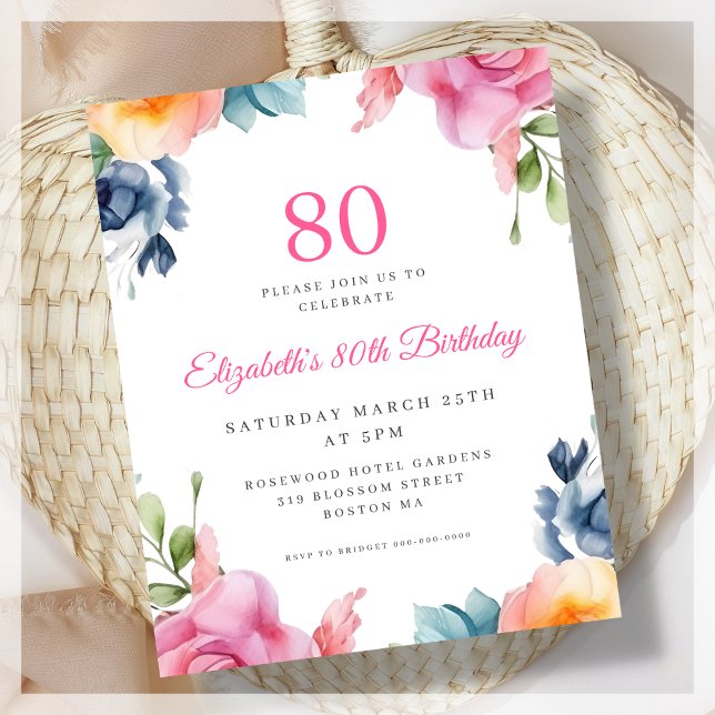 Elegant Floral 80th Birthday Budget Invitation (Creator Uploaded)