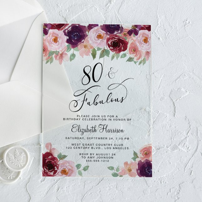 Elegant Floral 80th Birthday Party Acrylic Invitations (Creator Uploaded)