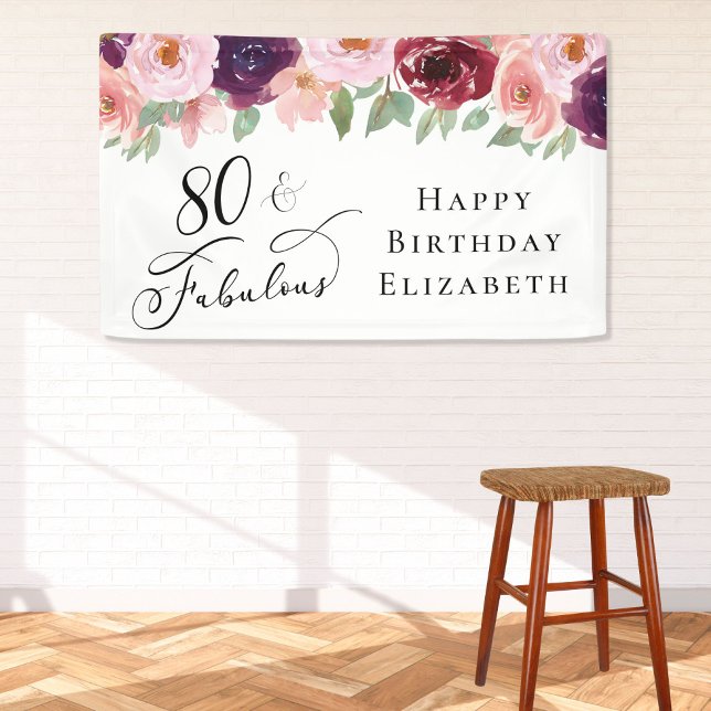Elegant Floral 80th Birthday Party Banner (Creator Uploaded)