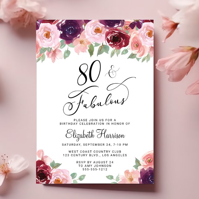 Elegant Floral 80th Birthday Party Invitation (Creator Uploaded)
