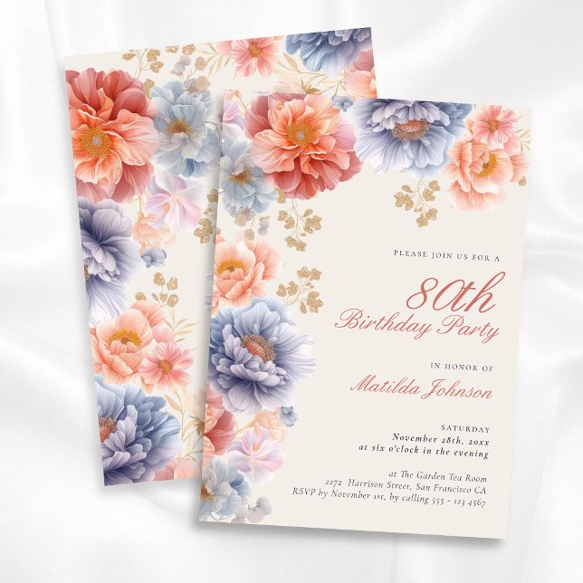 Elegant Floral 80th Birthday Party Invitation (Elegant Floral 80th Birthday Party Invitation)