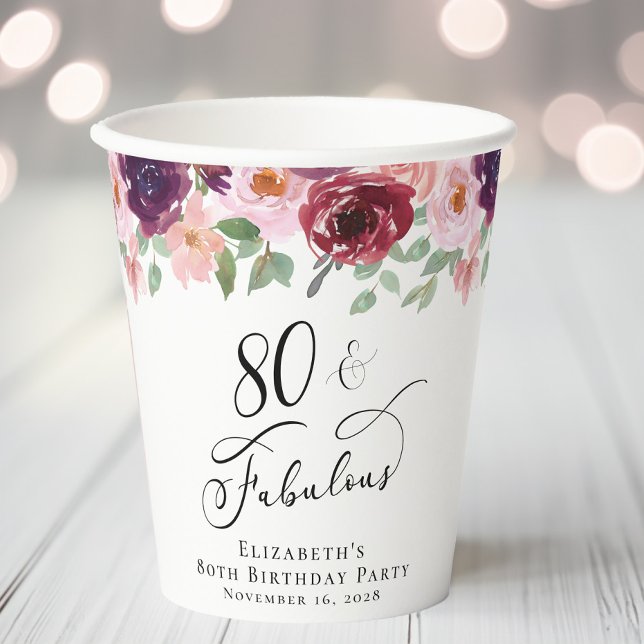 Elegant Floral 80th Birthday Party Paper Cups (Creator Uploaded)