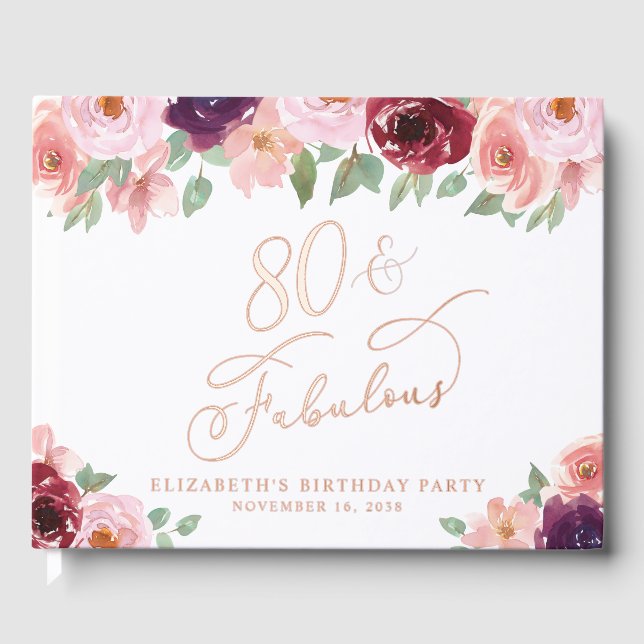 Elegant Floral 80th Birthday Party Rose Gold Guest Book (Front)